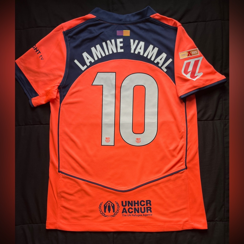Lamine Yamal #10 S-L Barcelona Away Soccer Jersey 2025 Salmon Orange